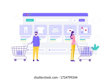 E-Commerce Online Shopping Flat Vector Illustración, Adecuada para Banners Web, Infografías, Libros, Medios Sociales Y Otros Activos Gráficos