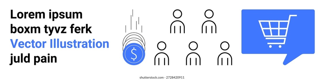 E-commerce, online shopping, group dynamics, customer behavior, payment systems, digital marketing. Icons of people, dollar coin and shopping cart in speech bubble. E-commerce and customer behavior