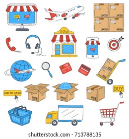 E-commerce and online shopping hand drawn icons set, vector illustration. Shopping, delivery and customer support symbols, computer screen, e-shop, shopping cart, delivery truck, isolated on white.