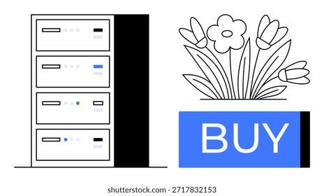 Comércio eletrônico, compras on-line, serviços de hospedagem, armazenamento de dados, transações digitais, tecnologia. Servidor rack ao lado de flores e um botão de compra. Conceito de comércio eletrônico e compras online