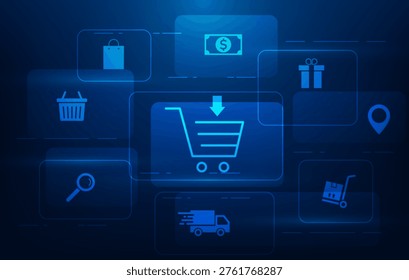 e-commerce online shopping icon digital technology blue background. business delivery process shop online concept. vector illustration fantastic technology. 