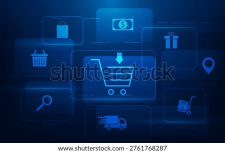 e-commerce online shopping icon digital technology blue background. business delivery process shop online concept. vector illustration fantastic technology. 