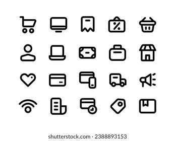 E-Commerce and Online Shopping Icon Pack in Outline Style Perfect for Websites, Landing Pages, Mobile Apps, and Presentations. Suitable for User Interface or User Experience UI UX.