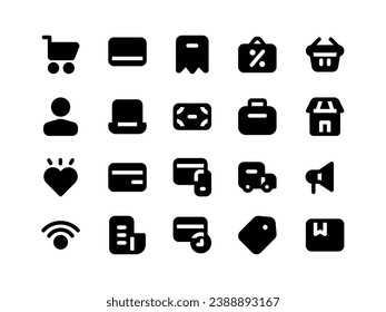 Paquete de iconos de comercio electrónico y compras en línea en estilo relleno Perfecto para sitios web, páginas de aterrizaje, aplicaciones móviles y presentaciones. Idóneo para interfaz de usuario o usuario experimentado usuario UX.