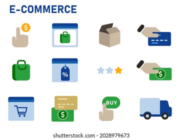 Online-Shopping-Icon Set-Sammlung von Zahlungsvorgang-Schaltfläche bis zur Auslieferung und Bewertung Zahlung mit Kreditkarte und Bargeld