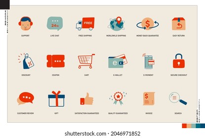 E-commerce, online shopping icon set. Editable stoke vector artwork for web, application, etc.