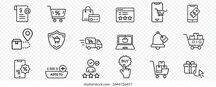 E-commerce and online shopping icon set, Delivery, Digital Purchase, shopping carts, buy buttons, mobile checkout, delivery, payment systems, secure transactions, loyalty ratings, discount tags