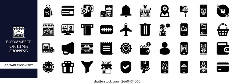 Conjunto de iconos de comercio electrónico y compras en línea: comercio móvil, tienda digital, Carrito de compras, pasarela de pago, Búsqueda de Producto, seguimiento de pedidos, Completar compra, entrega, venta y venta al por menor