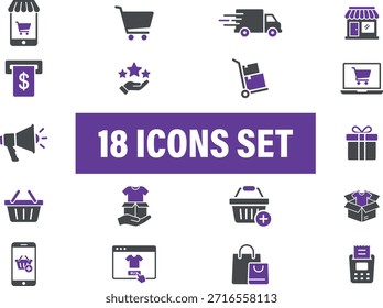 Conjunto de ícones de comércio eletrônico e compras on-line. Ícone de comércio eletrônico definido para compras online