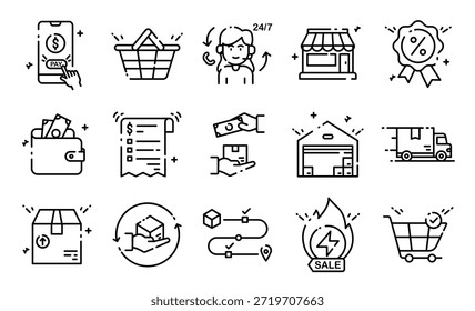 Conjunto de iconos de comercio electrónico y compras en línea con logística Línea de servicio de envío y entrega Estilo de arte