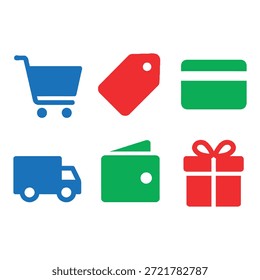 E-commerce e Online Shopping Icon Set com Carrinho de Compras, Etiqueta de Preço, Cartão de Crédito, Caminhão de Entrega, Carteira Digital e Caixa de Presente
