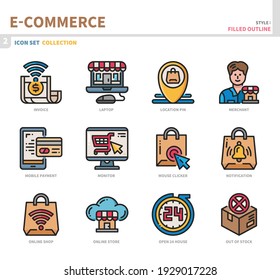 conjunto de iconos de comercio electrónico y compras en línea, estilo de contorno relleno, vector e ilustración