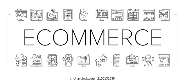 Ecommerce And Online Shopping Icons Set Vector. Ecommerce Smartphone Application And Online Payment, Electronic Purchase And Choosing Product, Discount And Sale Black Contour Illustrations