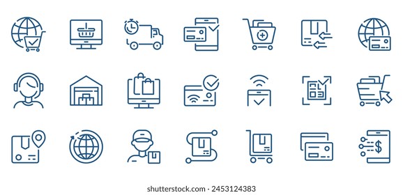 E-Commerce and Online Shopping Icons Set. Outline Symbols for Web and Mobile Apps: Delivery, Payment, Support.