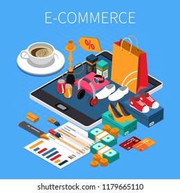 E-commerce online shopping isometric composition with credit card cash purchased shoes on tablet screen vector illustration