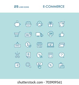 E-commerce and online shopping line icons set in light blue and white colors