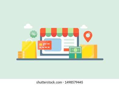 E-commerce, Online shopping, online market place, small business website - flat design vector banner with icons isolated on light background