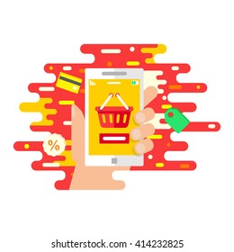 E-commerce, online shopping, mobile app vector illustration of a hand holding smartphone