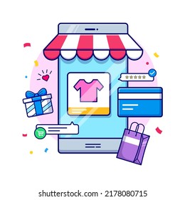 E-commerce online shopping on phone, online t-shirt, online pay, shopping, cart, landing page, review product illustration vector cartoon icon
