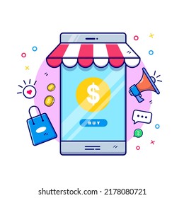 E-commerce online shopping on smartphone cart checkout online shop online product illustration vector cartoon icon