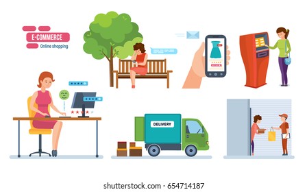 E-commerce, online shopping. Order in online store, choice of goods, payment of order, delivery, receipt of order, feedback, rating. Vector illustration isolated on white background in cartoon style.