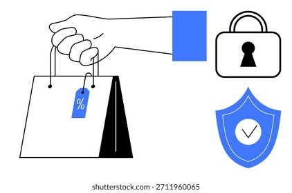 Comercio electrónico, compras en línea, seguridad de los pagos, protección de datos, comercio minorista, confianza de los consumidores. Mano que sostiene una bolsa de compras, bloqueo del escudo con marca de verificación. Comercio electrónico y concepto de seguridad de compras en línea