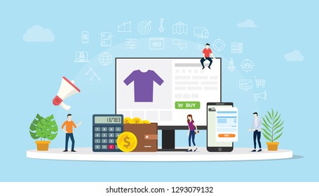 Compra en línea de comercio electrónico con personas compradas con el icono de la interfaz de sitio web con la calculadora de dinero y la factura de aplicaciones - ilustración vectorial