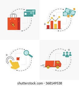 E-commerce and online shopping process. Buying via internet.concept. Flat line web icons