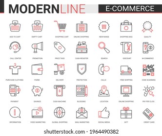 E-commerce, online shopping red black icons vector illustration