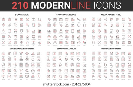 Ecommerce Online Shopping And Retail, Digital Media Advertising For Business Startup Line Icon Vector Illustration Set. Red Black Thin Linear Symbols Of Seo Website Optimization, Web Development