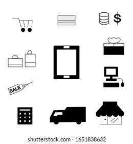 E-commerce, online shopping and retail, electronic shops, creative infographic banner with elements line style. Illustration vector design, Silhouette vector style.