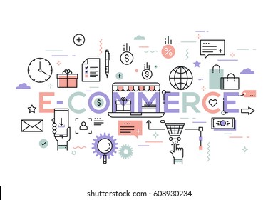 E-commerce, Online Shopping And Retail, Electronic Shops, Internet Of Things Concept. Creative Infographic Banner With Elements In Thin Line Style. Vector Illustration For Advertisement, Website.