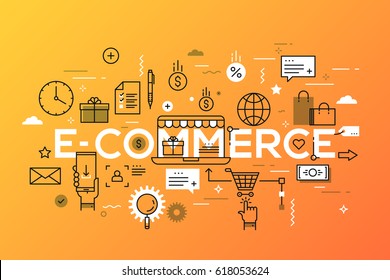 E-commerce, online shopping and retail, electronic shops, internet of things concept. Creative infographic banner with elements in thin line style. Vector illustration for advertisement, website.