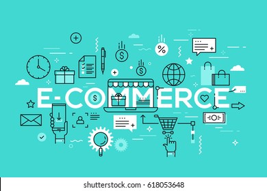 E-commerce, Online Shopping And Retail, Electronic Shops, Internet Of Things Concept. Creative Infographic Banner With Elements In Thin Line Style. Vector Illustration For Advertisement, Website.
