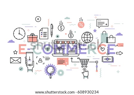 E-commerce, online shopping and retail, electronic shops, internet of things concept. Creative infographic banner with elements in thin line style. Vector illustration for advertisement, website.