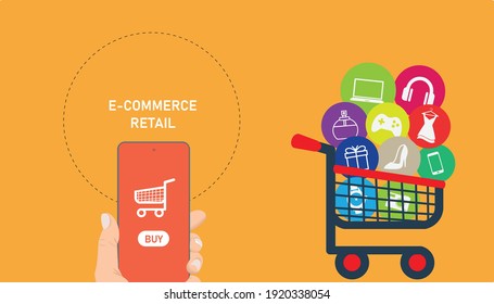 E-commerce, online shopping and retail, internet of things concept. Creative infographic banner with elements in thin line style. Vector illustration for advertisement, website.