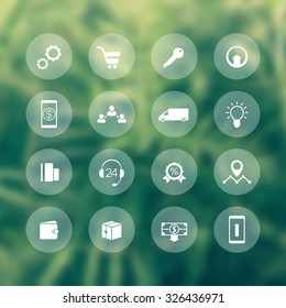 E-commerce, online shopping round white icons, vector illustration