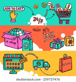 E-commerce online shopping services hand drawn horizontal banner set isolated vector illustration