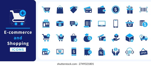 E-commerce and online shopping solid icon set. Including shopping cart, payment methods, and delivery service icons design. Vector illustration