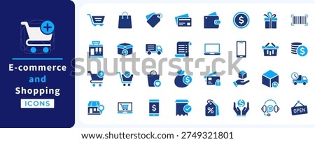 E-commerce and online shopping solid icon set. Including shopping cart, payment methods, and delivery service icons design. Vector illustration