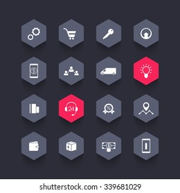 E-commerce, online shopping, online store hexagon icons pack, vector illustration