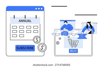 Comércio eletrônico, compras on-line, serviços de assinatura, ofertas de cashback, planejamento financeiro, marketing de varejo. Um calendário de assinaturas e ícones de carrinho de compras com pessoas navegando. Comércio eletrônico e comércio em linha