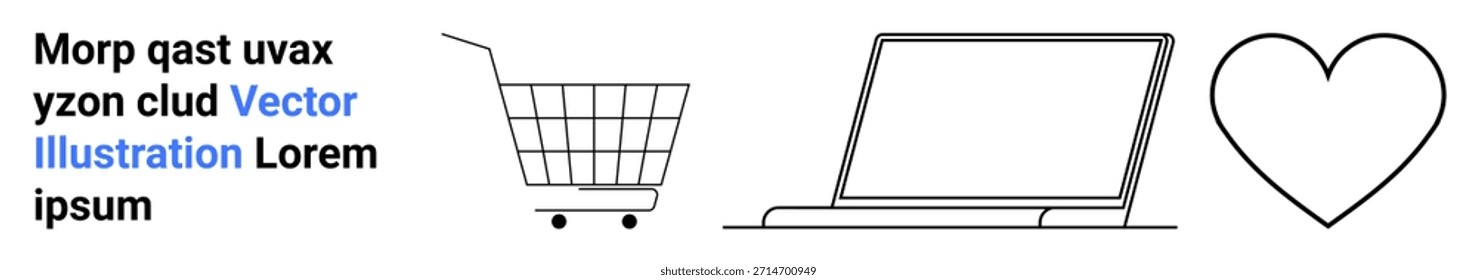 Comércio eletrônico, compras on-line, tecnologia, marketing digital, ferramentas de negócios, fidelidade do cliente. Carrinho de compras, laptop e símbolo do coração. Conceitos de comércio eletrônico e compras em linha