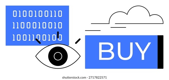 Comércio eletrônico, compras online, tecnologia, transações digitais, código binário, processamento de dados. Um olho olha para o código binário ao lado de um botão de compra e ícone de nuvem. Tema de comércio eletrônico e compras online