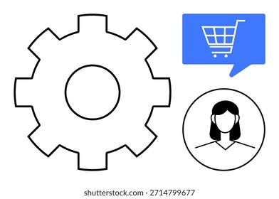 Comércio eletrônico, compras on-line, integração de tecnologia, perfis de usuários, atendimento ao cliente, plataformas digitais. Engrenagem, balão de fala com um perfil de usuário feminino carrinho de compras. Comércio eletrônico e compras online