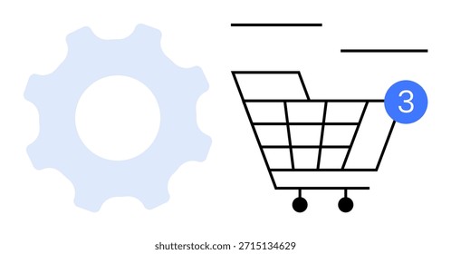Comercio electrónico, compras en línea, tecnología, Configuraciones del sistema, notificaciones, optimización de procesos. Un ícono de engranaje junto a un Carrito de compras con una burbuja de notificación. Conceptos de comercio electrónico y Configuraciones de sistemas