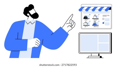 Comercio electrónico, compras en línea, tecnología, diseño de Sitios web, usabilidad, marketing digital. El hombre apunta a los productos de un Sitio web en una pantalla. Comercio electrónico y concepto de compras en línea