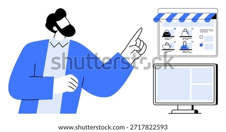 Ecommerce, online shopping, technology, website design, usability, digital marketing. Man points at a website products on a screen. Ecommerce and online shopping concept