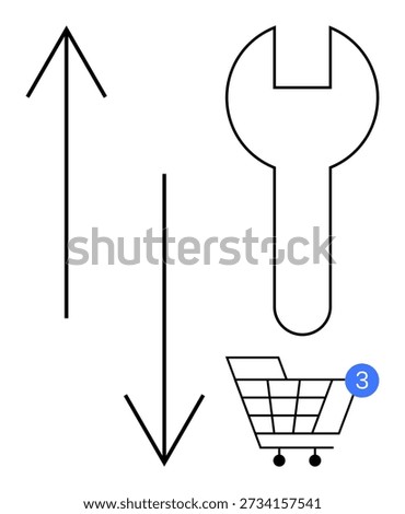 E-commerce, online shopping, troubleshooting, customer support, statistics, technology. Two arrows, wrench and shopping cart with notification. E-commerce and troubleshooting visualization