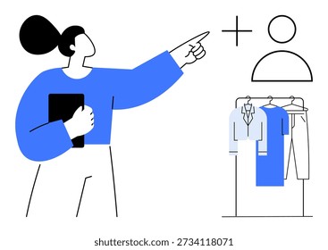 E-commerce, online shopping, user management, digital retail, customer profiles, apparel selection. Woman pointing at user profile and wardrobe items. E-commerce and online shopping